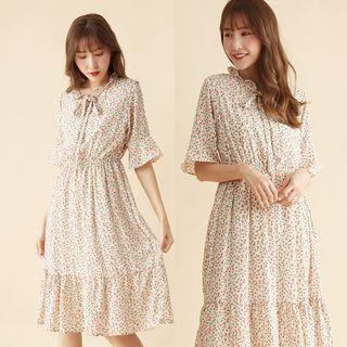 Floral Elbow-sleeve Midi Chiffon Dress Almond - One Size