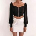 Balloon-sleeve Zip-up Cropped Blouse