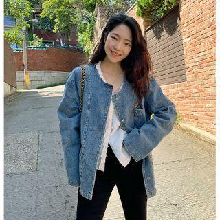 Round-neck Longline Denim Jacket Blue - One Size