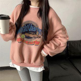 Car Print Faux Shearling Pullover