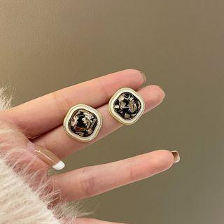 Square Resin Alloy Earring 1 Pair - Silver Stud - Black & White - One Size