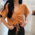 Short-sleeve Drawstring Cropped Blouse Tangerine - One Size