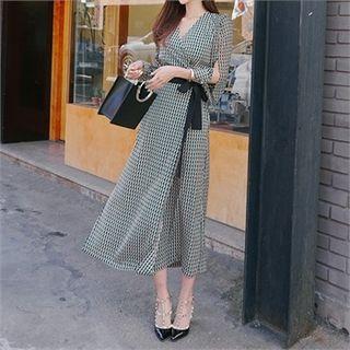 Slit-sleeve Patterned Surplice-wrap Dress
