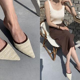 Kitten-heel Pointy Rattan Mules