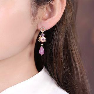 Bead Drop Ear Stud 1 Pair - Purple & Gold - One Size