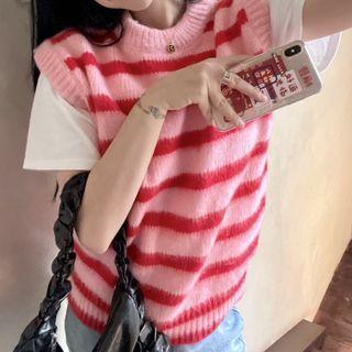 Round Neck Contrast Trim Knit Vest Stripe - Pink - One Size