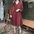 Long-sleeve Dotted Chiffon Dress Red - One Size