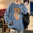 Fleece Bear Patch Round-neck Sweater