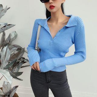 Long-sleeve Collared Button Knit Top