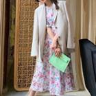 Plain Single-breasted Blazer / Short-sleeve Flower Print Midi A-line Dress
