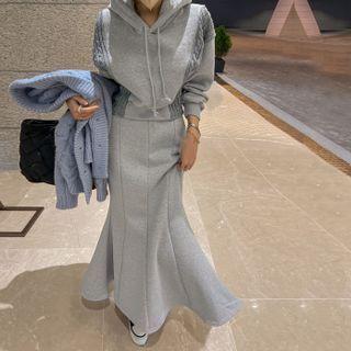Set: Knit-panel Cropped Hoodie + Maxi Mermaid Skirt