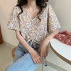 Short-sleeve Floral Print Drawstring Blouse Floral - Almond & Red - One Size