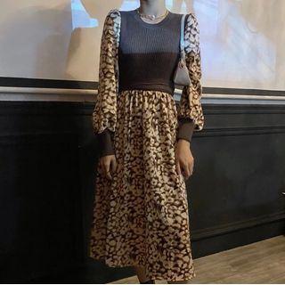 Knit Panel Leopard Print Long-sleeve Midi A-line Dress