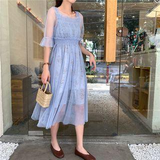 Set: Dotted Slipdress + Short-sleeve Mesh Midi Dress