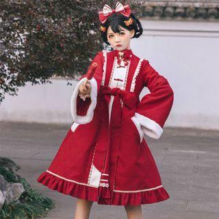 Ruffle Blouse / Lace Trim Bow Accent Overall Dress / Fluffy Panel Long Jacket / Bow Headband / Headpiece