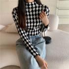 Semi High-neck Argyle Long-sleeve Knit Top