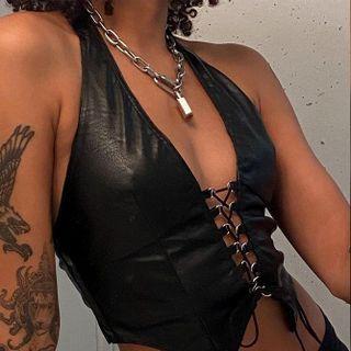 Halter-neck Faux Leather Lace-up Camisole Top