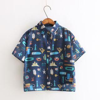 Set : Print Organizer Short-sleeve Blouse + Spaghetti Strap Top