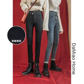 Brushed Fleece-lined Dual-waistline Skinny Jeans
