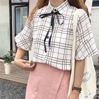 Plaid Bow Short-sleeve Blouse