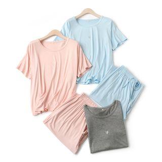 Loungewear Set: Short-sleeve Heart Embroidered Top + Pants