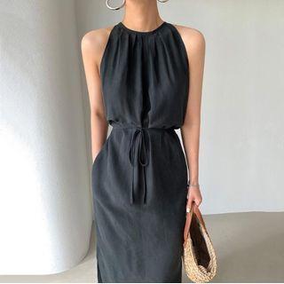 Sleeveless Slit Dress With Sash