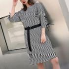3/4-sleeve Striped Midi A-line T-shirt Dress Stripes - Black & White - One Size