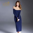 Off-shoulder Color Block Knit Midi Dress