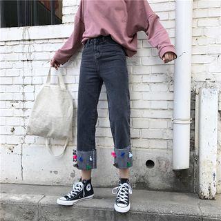 Tasseled Cuffed Hem Straight-cut Jeans