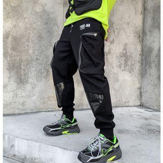 Lettering Paneled Drawstring Cargo Sweatpants