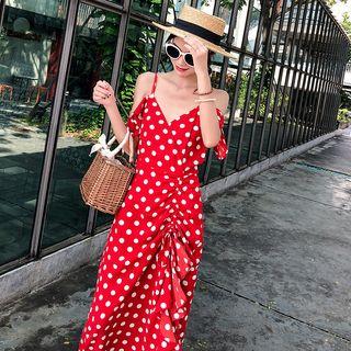 Cold Shoulder Polka Dot Asymmetric Midi Dress