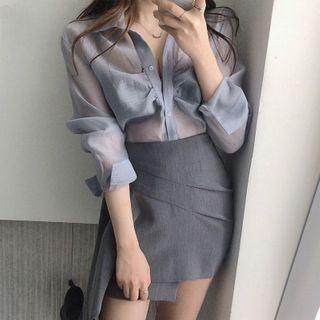 Shirred Long-sleeve Blouse / Asymmetric Mini Pencil Skirt
