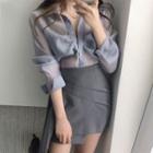 Shirred Long-sleeve Blouse / Asymmetric Mini Pencil Skirt