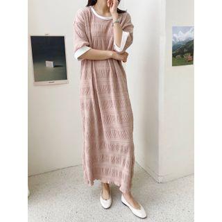 Contrast-trim Textured Long Dress