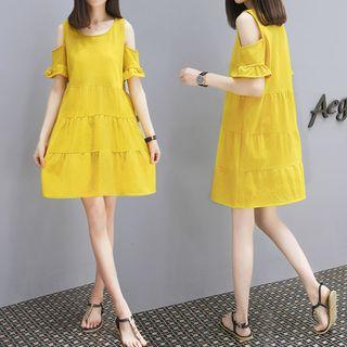Elbow-sleeve Cold-shoulder Tiered A-line Dress