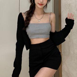 Plain Crop Camisole / High Waist Mini Skirt / Long Sleeve Crop Cardigan