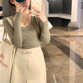 Scoop-neck Plain Sweater Grayish Green - One Size