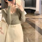 Scoop-neck Plain Sweater Grayish Green - One Size