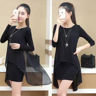 Mock Two-piece Long-sleeve Chiffon Dress
