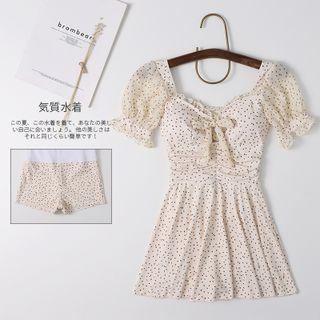 Puff-sleeve Dotted Swim Dress