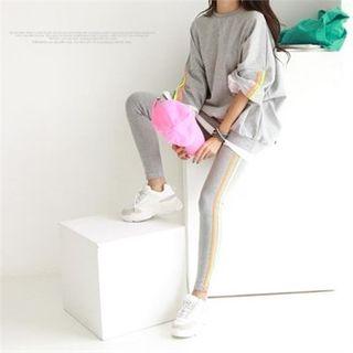 Set: Drop-shoulder Pipe-trim Pullover + Leggings