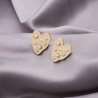 Faux Pearl Alloy Heart Earring 1 Pair - E828-3 - Gold - One Size