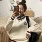V-neck Embroidered Color-block Sweater