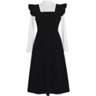 Set: Long-sleeve High-neck Plain Top + Sleeveless Square-neck Velvet Maxi Dress