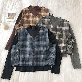 Set: Plain Mock-neck Long-sleeve Top + Color-block Plaid V-neck Vest