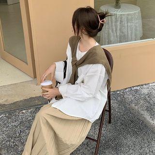 Plain Long-sleeve Loose-fit Blouse / Shawl / Pleated Midi Skirt