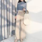 Set: Long Sleeve Mock Neck Knit Top + Drawstring Wide-leg Pants
