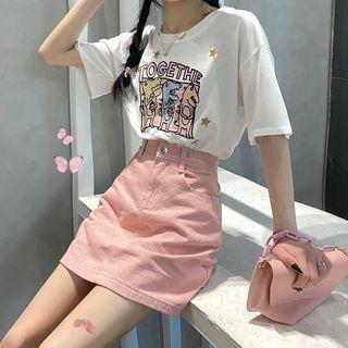 Set: Short Sleeve Printed T-shirt + A-line Skirt