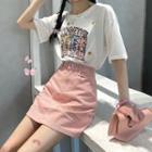 Set: Short Sleeve Printed T-shirt + A-line Skirt