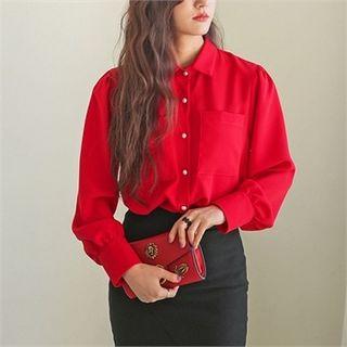 Faux-pearl Button Dual Pocket Chiffon Shirt